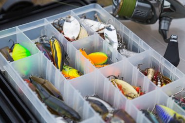 Balıkçılık takımları ve balık avlama yemi kutuda. Klasik Renkli Balık yemi, Güzel Arkaplan dijital görüntüsü. Gün batımında gölde balık avı. Balıklama arkaplanı