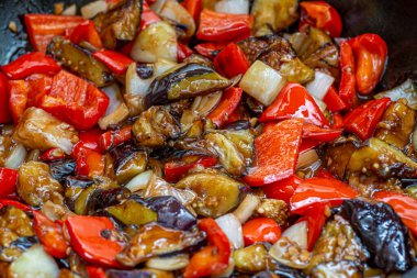 Grilled vegetable salad with zucchini, eggplant, onion, pepper and tomato