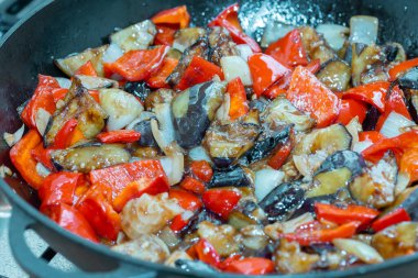 Grilled vegetable salad with zucchini, eggplant, onion, pepper and tomato