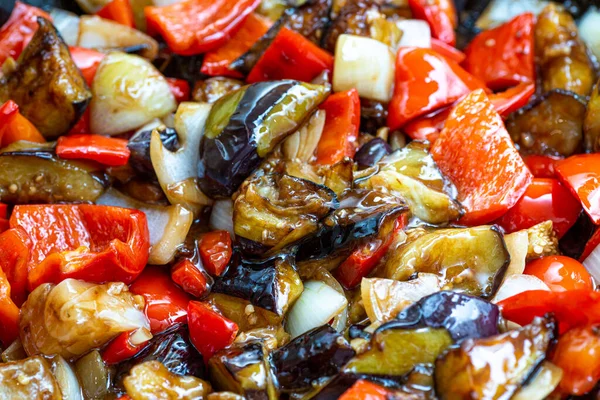 stock image Grilled vegetable salad with zucchini, eggplant, onion, pepper and tomato