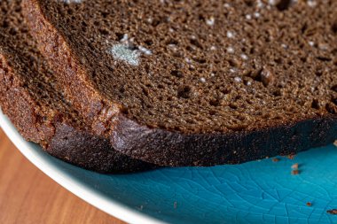 Kuru küflü ekmek. Şımartılmış, tüketilemez yiyecekler. Küfle kaplı siyah ekmek dilimleri. Ekmeğin üstünde küf