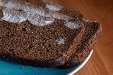 Kuru küflü ekmek. Şımartılmış, tüketilemez yiyecekler. Küfle kaplı siyah ekmek dilimleri. Ekmeğin üstünde küf