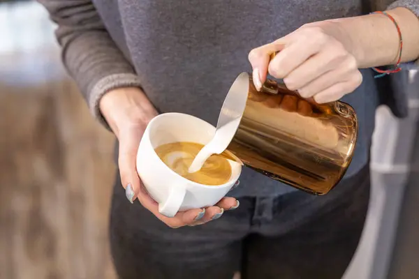 stock image Barista coffee service concept.Barista women using coffee machine to make coffee in cafe