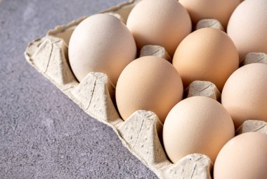 Sıraya dizilmiş kahverengi yumurtalar. Karton kasette bir grup taze beyaz yumurta. Doğadan gelen organik gıdalar sağlık için iyidir..