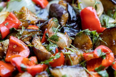 Grilled vegetable salad with zucchini, eggplant, onion, pepper and tomato