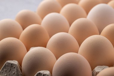 Sıraya dizilmiş kahverengi yumurtalar. Karton kasette bir grup taze beyaz yumurta. Doğadan gelen organik gıdalar sağlık için iyidir..