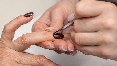 Güzellik salonunda çivi bakım prosedürü. Kadın eli ve manikür aletleri, güzellik salonunda manikür yapma süreci. Spa vücut bakımı kavramı. Tırnak etlerini kesen yetenekli bir manikürcünün eldivenli elleri.