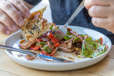 Et salatası, pastırma, yumurta, kızarmış ekmek, marul, salata sosu salata salatası salatanın arka planı kırsal alan manzarası