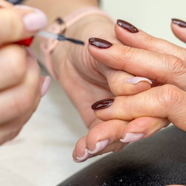 Güzellik salonunda çivi bakım prosedürü. Kadın eli ve manikür aletleri, güzellik salonunda manikür yapma süreci. Spa vücut bakımı kavramı. Tırnak etlerini kesen yetenekli bir manikürcünün eldivenli elleri.