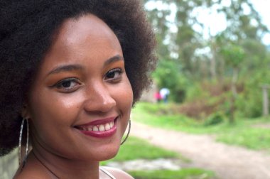 closeup copyspace of african american woman smiling at camera