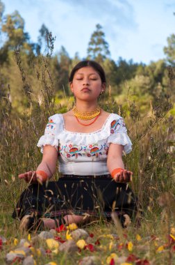 Ekvador 'lu genç bir kadın açık havada huzur içinde dinlenme egzersizi yapıyor. Yüksek kalite fotoğraf