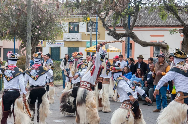 Cotacachi, Ekvador - 10 Eylül 2023: Yerli halkın geleneksel Ekvador festivalinde vahşi şeytanları temsil etmesi. Yüksek kalite fotoğraf
