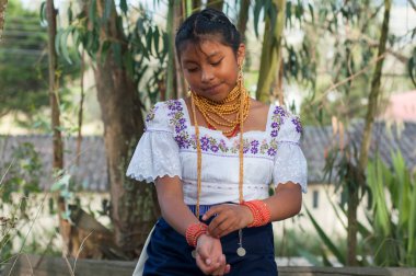 Otavalo Tarzı Hazırlanıyor: Ekvadors Kültürel Giyinen Yerli Kadın. Yüksek kalite fotoğraf
