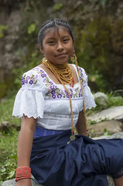 Lakeside Elegance: Colombian Beauty in Traditional Attire with a Shy Gaze. High quality photo