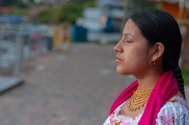 Kültürünün geleneksel elbisesi, altın mücevherleri ve gözleri bir anlık rahatlama ve uyum içinde kapalı genç yerli bir kadının profil boşluğunun kopyası. Yüksek kalite fotoğraf