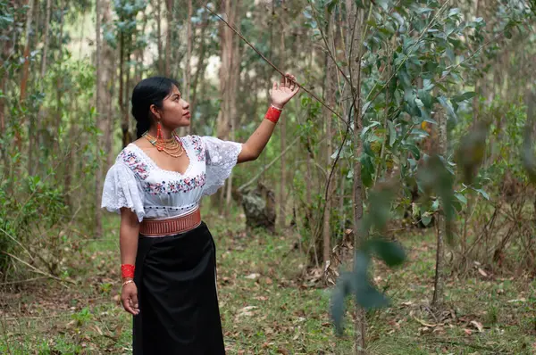 beautiful latin american indian woman emotionally connecting with nature in a forest. earth day. High quality photo
