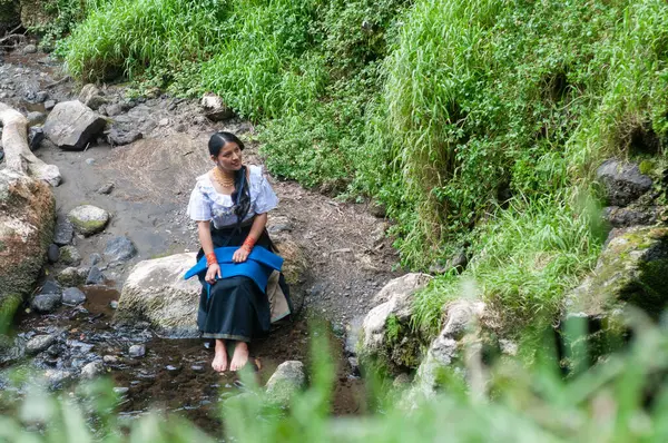 Canlı, geleneksel elbiseli bir kadının yemyeşil bir arazide derenin kenarında oturduğu huzurlu bir sahne.