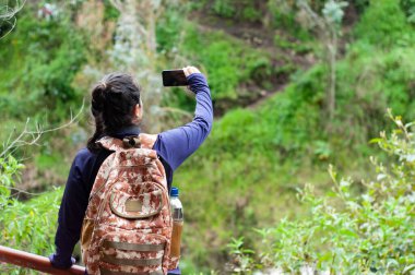 Kendini adamış bir yürüyüşçü, yemyeşil çimlerin ortasında dururken akıllı bir telefonla doğanın çarpıcı güzelliğini yakalar.