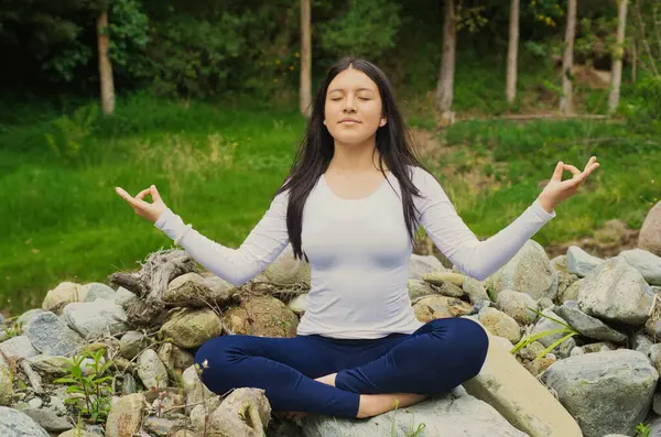 Açık havada sakin ve huzurlu bir meditasyon anı, iç huzuru ve huzuru bularak doğanın güzelliğini kucaklamak.