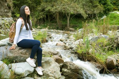 Huzurlu bir derenin yanında dinlenirken, genç bir kadın doğanın huzur verici güzelliğine ve dinginliğine kendini kaptırır.