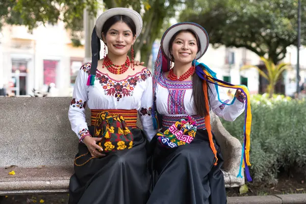 Geleneksel Andean tarzı giyinen iki gülümseyen yerli kadın parktaki taş bir bankta oturuyorlar., 
