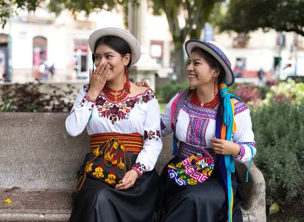 Renkli, nakışlı geleneksel Andean giysileri giyen iki neşeli yerli kadın parkta bir bankta oturmuş gülüyor ve birbirlerinin arkadaşlığından keyif alıyorlar.