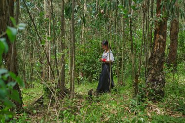 Geleneksel kıyafetler giyen yerli bir kadın yemyeşil bir ormanda yürüyor, doğanın sakinliğini kucaklıyor ve kültürel mirasını temsil ediyor.