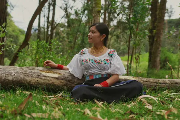 Geleneksel And dönemi kıyafetleri ve mücevherleri giyen yerli bir kadın, elinde tabletle bir ormanda, düşmüş bir ağaç gövdesinin yanında çimlerin üzerinde oturur ve etrafındaki doğayı düşünür.