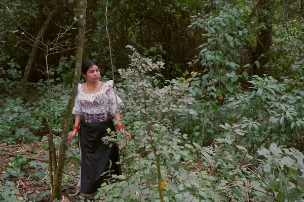 Canlı geleneksel kıyafetlerle süslenmiş yerli bir kadın yoğun bir ormanda zarifçe geziniyor. Varlığı etrafındaki doğal güzelliklere kültürel zenginlik katıyor.