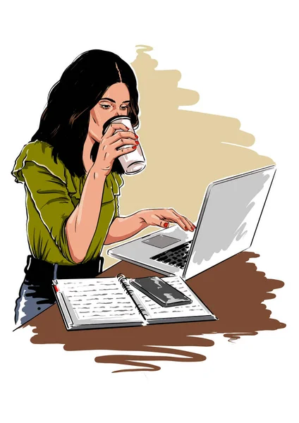 Bizneswoman Picie Kawy Podczas Pracy Laptopie Domu — Wektor stockowy