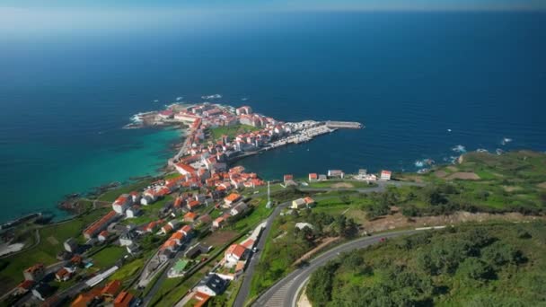 Коруа Порт Сити Голубой Морской Пейзаж Летом Галисии Испания Антенна — стоковое видео