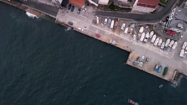 Recreational Boats Yard Caion Beach Harbour Coruna Spain Aerial Topdown — Stock Video