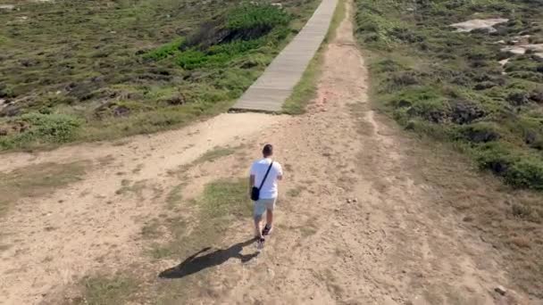 Vista Aérea Homem Caminhando Para Caminho Madeira Dia Ensolarado Verão — Vídeo de Stock