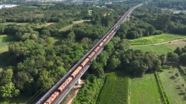 Yazın tarlalardan ve yeşil ağaçlardan geçen uzun tren görüntüsü..