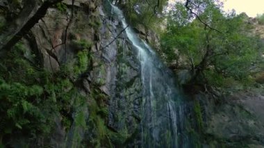 İspanya, Panton 'daki yosunlu kayalıkların üzerinden Aguacaida Şelalesi' nde çağlayan su. - Havadan alçak açı.