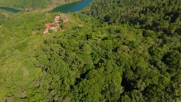 Volar Sobre Exuberante Bosque Árboles Sobre Ribeira Sacra Belesar Village — Vídeos de Stock