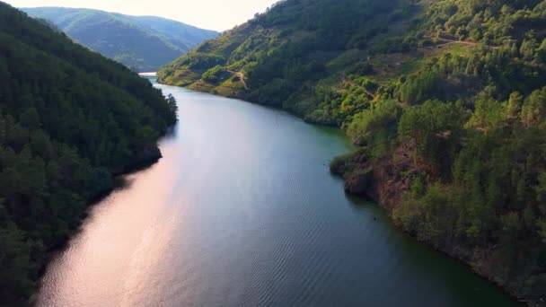Puesta Sol Pacífica Sobre Río Minho Belesar Ribeira Sacra Galicia — Vídeos de Stock