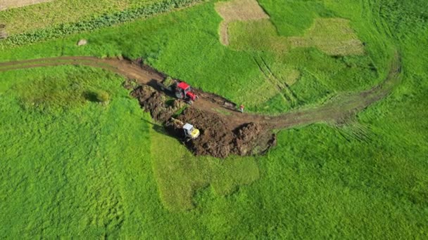 View Backhoe Scooping Soil Field Zas Coruna Spain Aerial Shot — Stock Video
