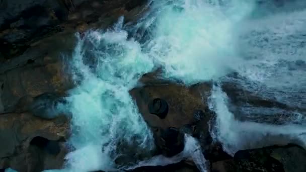 View Powerful Waterfalls Large Rocks Fervenza Noveira Spain Aerial Drone — Stock Video