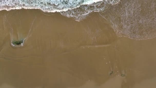 Widok Lotu Ptaka Piaszczystą Plażę Piankowymi Falami Oceanicznymi Brzegu Slow — Wideo stockowe