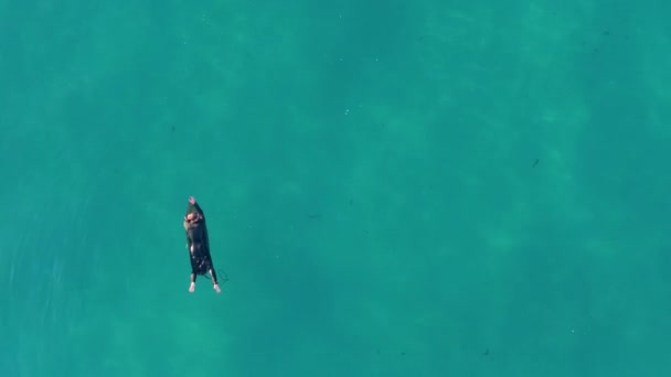 Surfista Tabla Surf Flotando Superficie Del Mar Plano Descendente — Vídeos de Stock