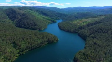 Galiçya 'daki Çam Ormanı Dağları, İspanya Rio Avia Nehri' nin etrafını sarar. Hava Aracı Görüntüsü