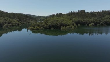 Galiçya, Pontevedra 'daki Ro Oitavn' ın sakin sularına yansıyan çalılık ormanı. Hava Görüntüsü