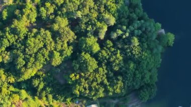 Minho Nehri üzerinde, O Saviao, Lugo İspanya yakınlarındaki küçük liman manzaralı bereketli bir orman. Hava Görüntüsü