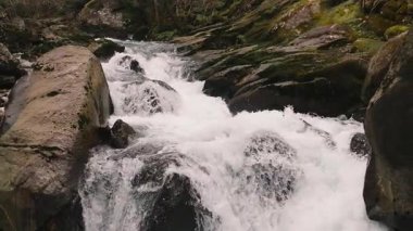 Ormandaki kayaların arasından akan Almofrei Nehri. - Havadan geri çekilen çekim.