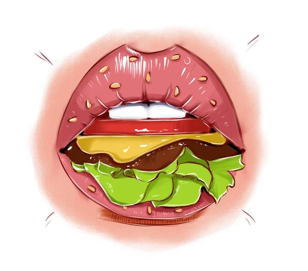 Szépség Illusztráció Egy Női Hamburger Ajkak Egy Nyomtatás Kép Logó — Stock Fotó