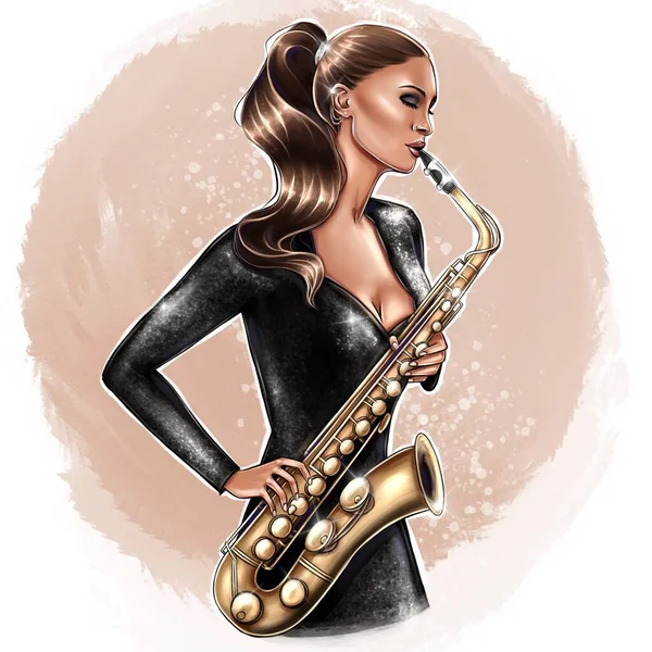 Fashion illustration of young woman in beautiful dress playing saxophone on circle background for wall painting, poster, logo, print, avatar, gift.