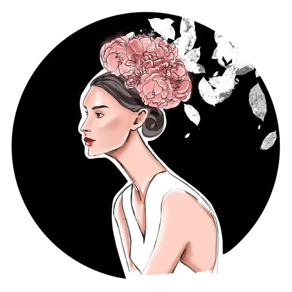 ポスター プリント アバター ギフトのための黒い円の背景に彼女の髪に花を持つ若い女性のファッションイラスト — ストック写真
