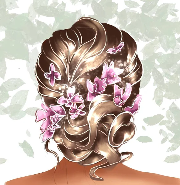 Όμορφη Γυναίκα Εικονογράφηση Μόδας Μαλλιών Λουλούδια Για Avatar Σαλόνι Ομορφιάς — Φωτογραφία Αρχείου