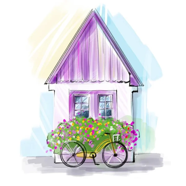 壁の絵画 ポスター アバター ギフトのための自転車や花を持つ夏の家のカラフルな夏のマーカーの絵画 — ストック写真